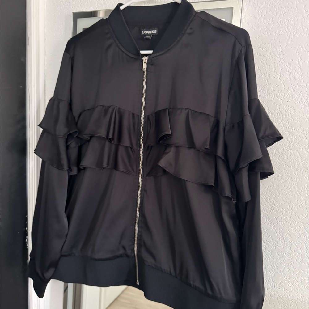 Express Black Bomber Jacket with Ruffle Details - Picture 2 of 6